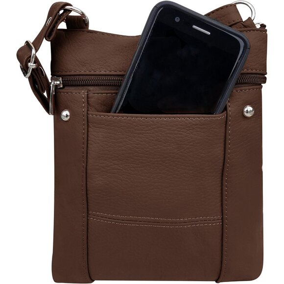 Leather Cross Body Purse Multi-Pocket Brown Zipper Closure Women - Picture 3 of 9